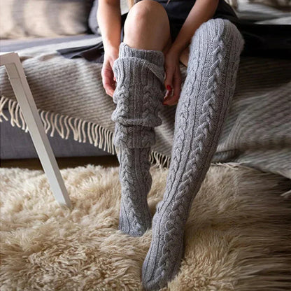 Damen Strick Overknee Socken Warm Weich Zopfmuster Beige