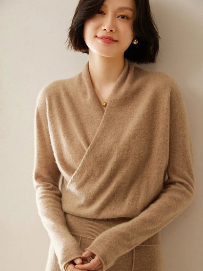 Damen Wickelpullover Elegantes Überkreuz-Design
