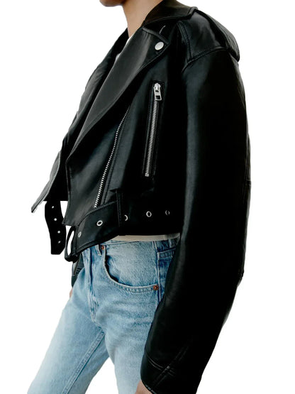 Damen Bikerjacke Cropped Asymmetrisch Leder