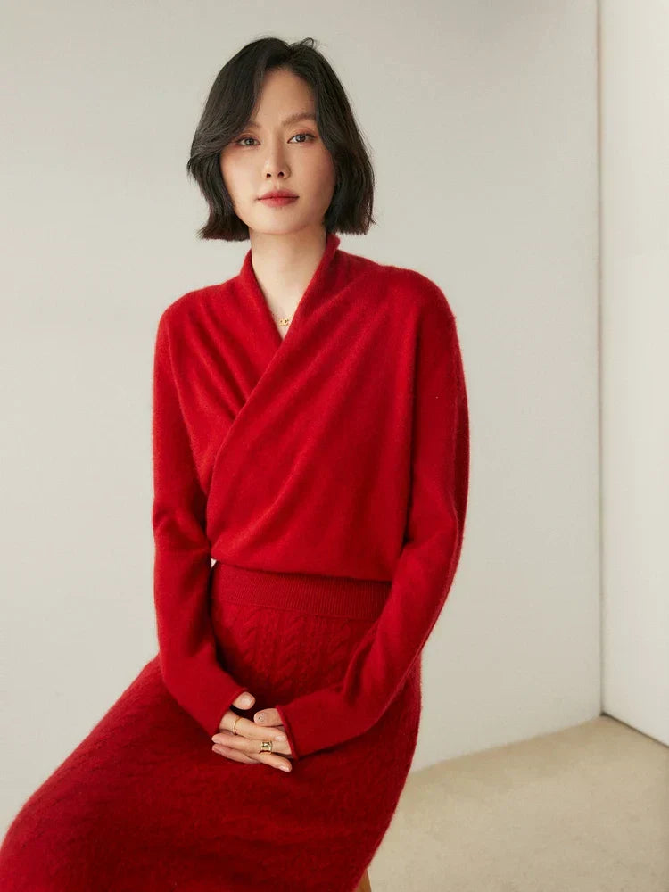 Damen Wickelpullover Elegantes Überkreuz-Design