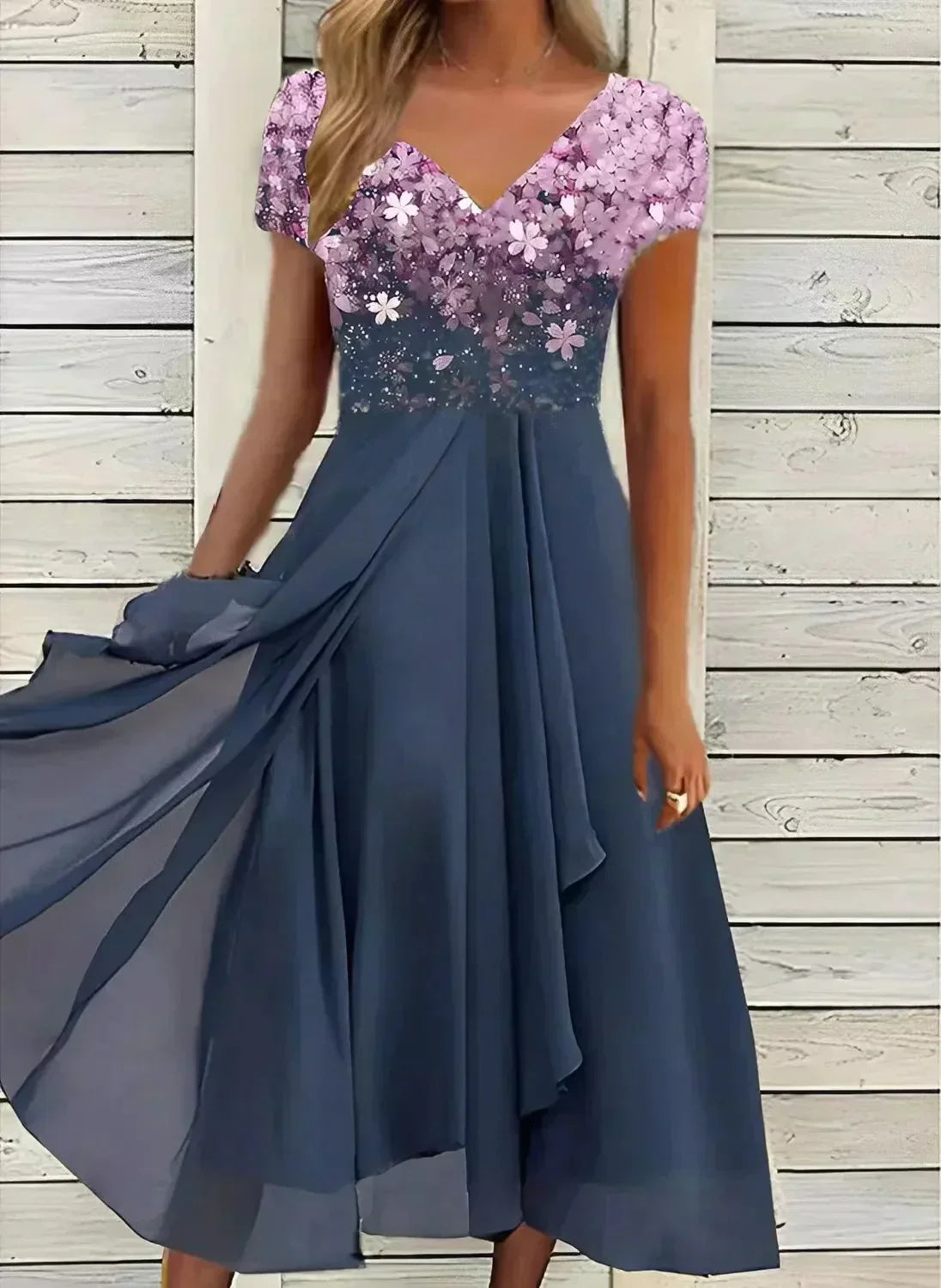 Damen Abendkleid V-Ausschnitt Kurzarm