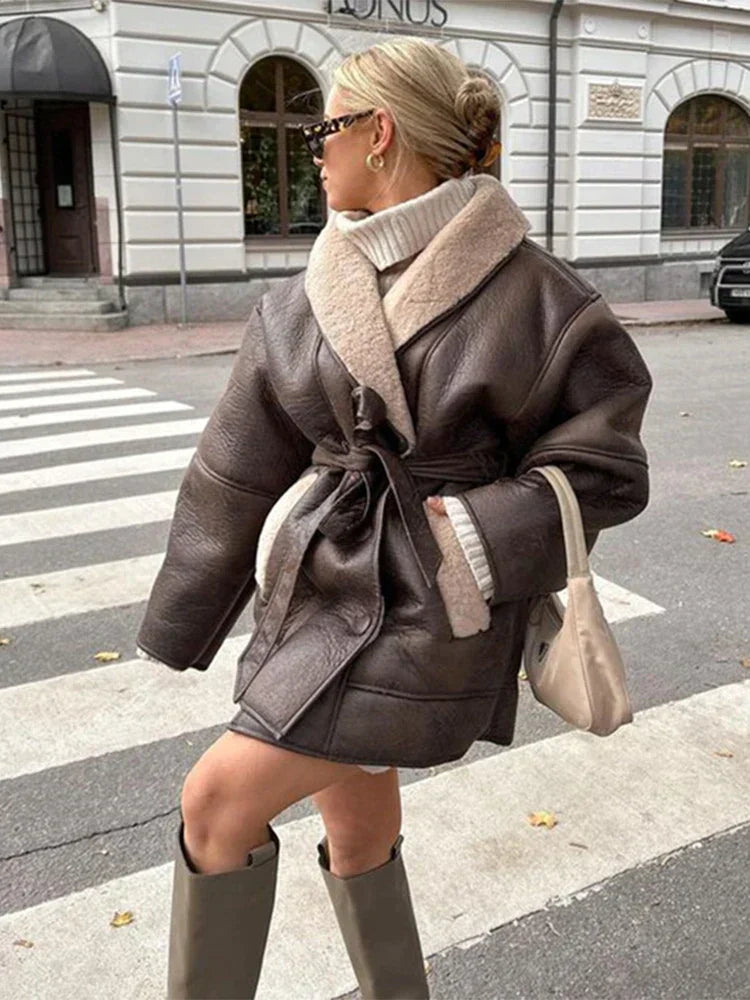 Damen Kunstledermantel Oversized mit Taillengürtel