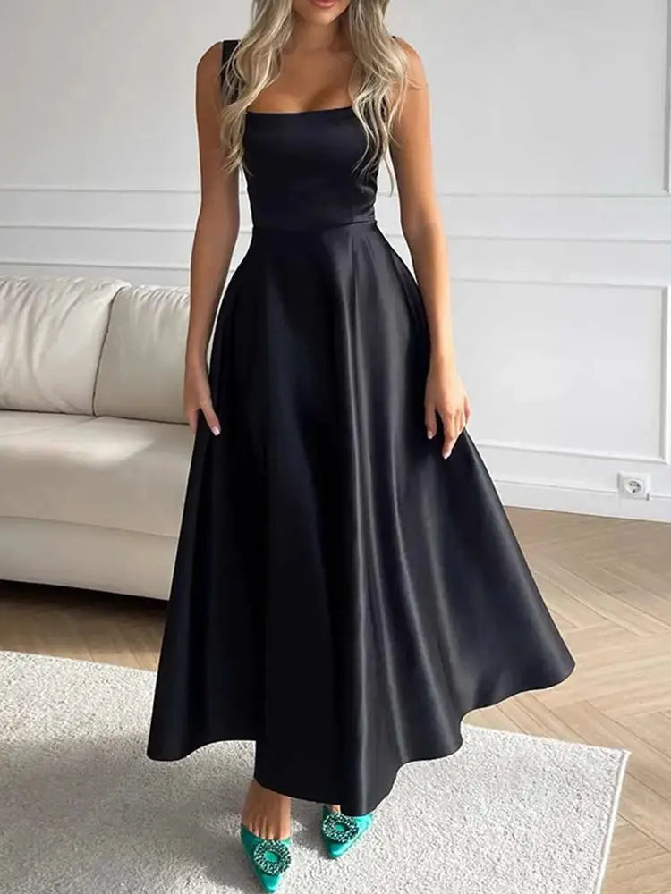 Damen Maxikleid Ärmellos Hohe Taille