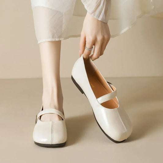 Damen Mary Jane Schuhe Runder Zehenbereich Flach Leder Braun - Eveloria