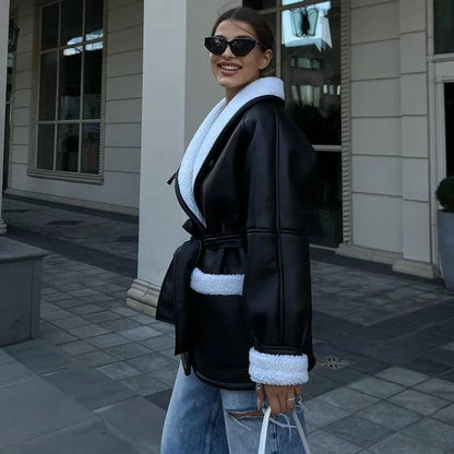 Damen Winterjacke Mit Gürtel Modern Schwarz - Eveloria