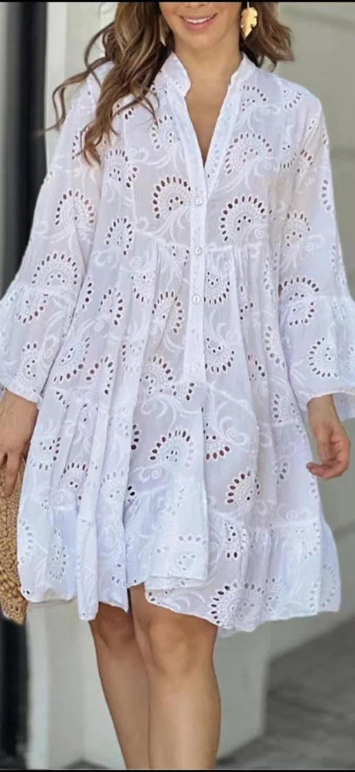 Damen Spitzenkleid Boho-Stil Knopfleiste Weite Ärmel