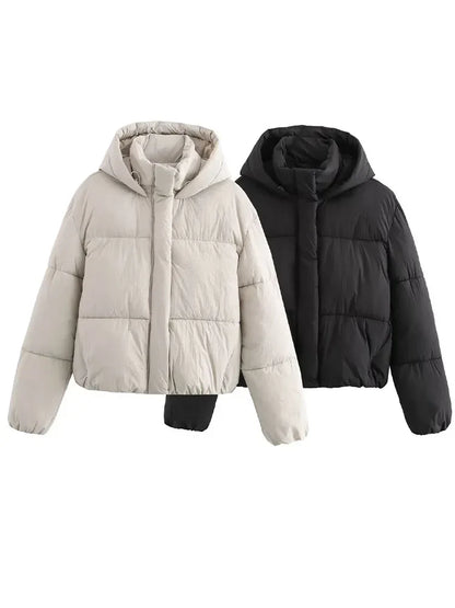 Damen Pufferjacke Kapuze Warm Stepp Schwarz - Eveloria