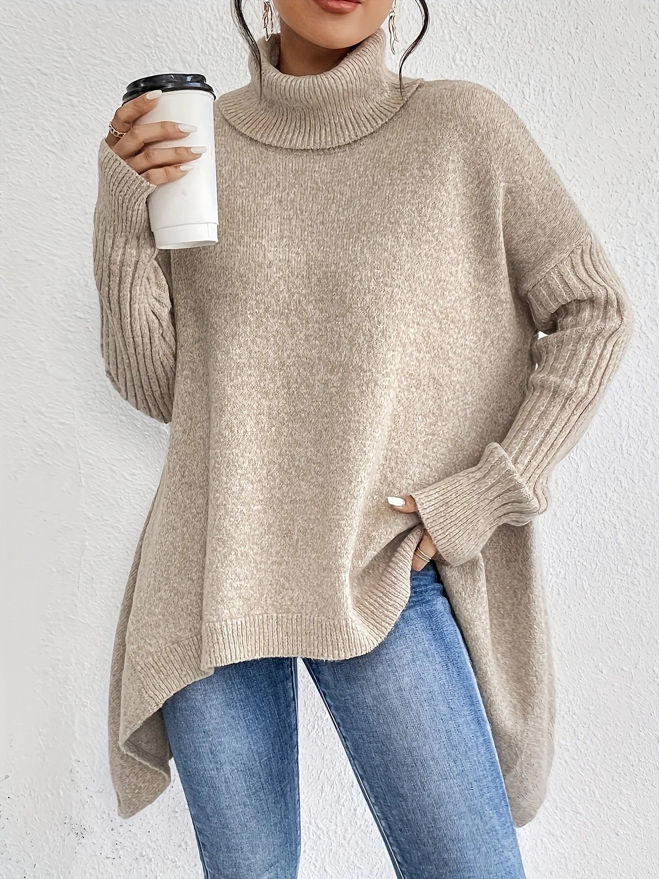 Damen Oversized Winterpullover Hochkragen Gemütlich