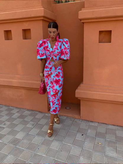 Damen Sommerkleid Mit Puffärmeln Bedruckt Midi