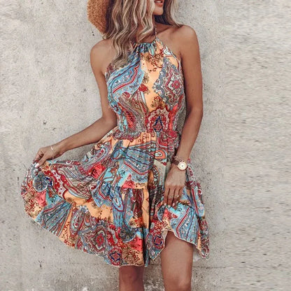 Ibiza Damen Mini Sommerkleid Ärmellos Tailliert Boho-Print