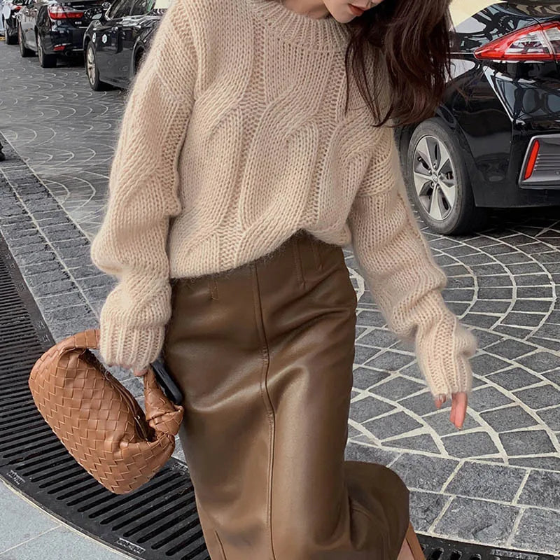 Eveloria Damen Oversized Wollpullover Zopfmuster Langarm Beige - Eveloria