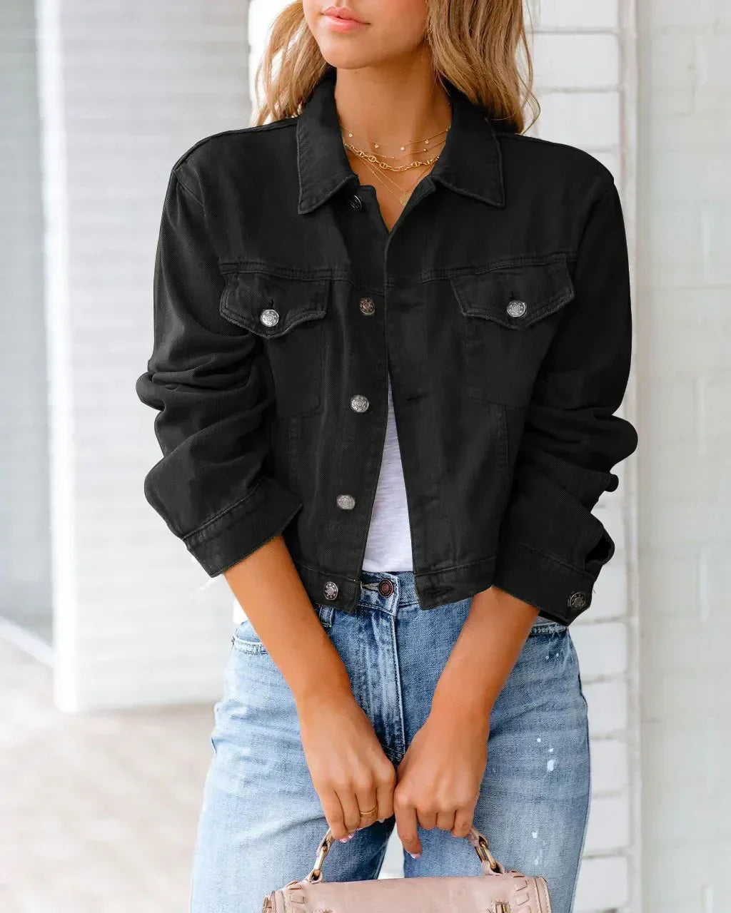 Damen Denim-Jacke Kurz Knopf Ärmel Blau