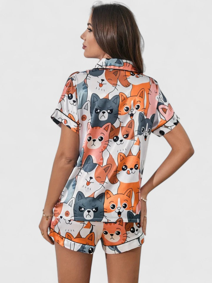 Damen Kurzarm Pyjama Set Katzenmotiv - Eveloria