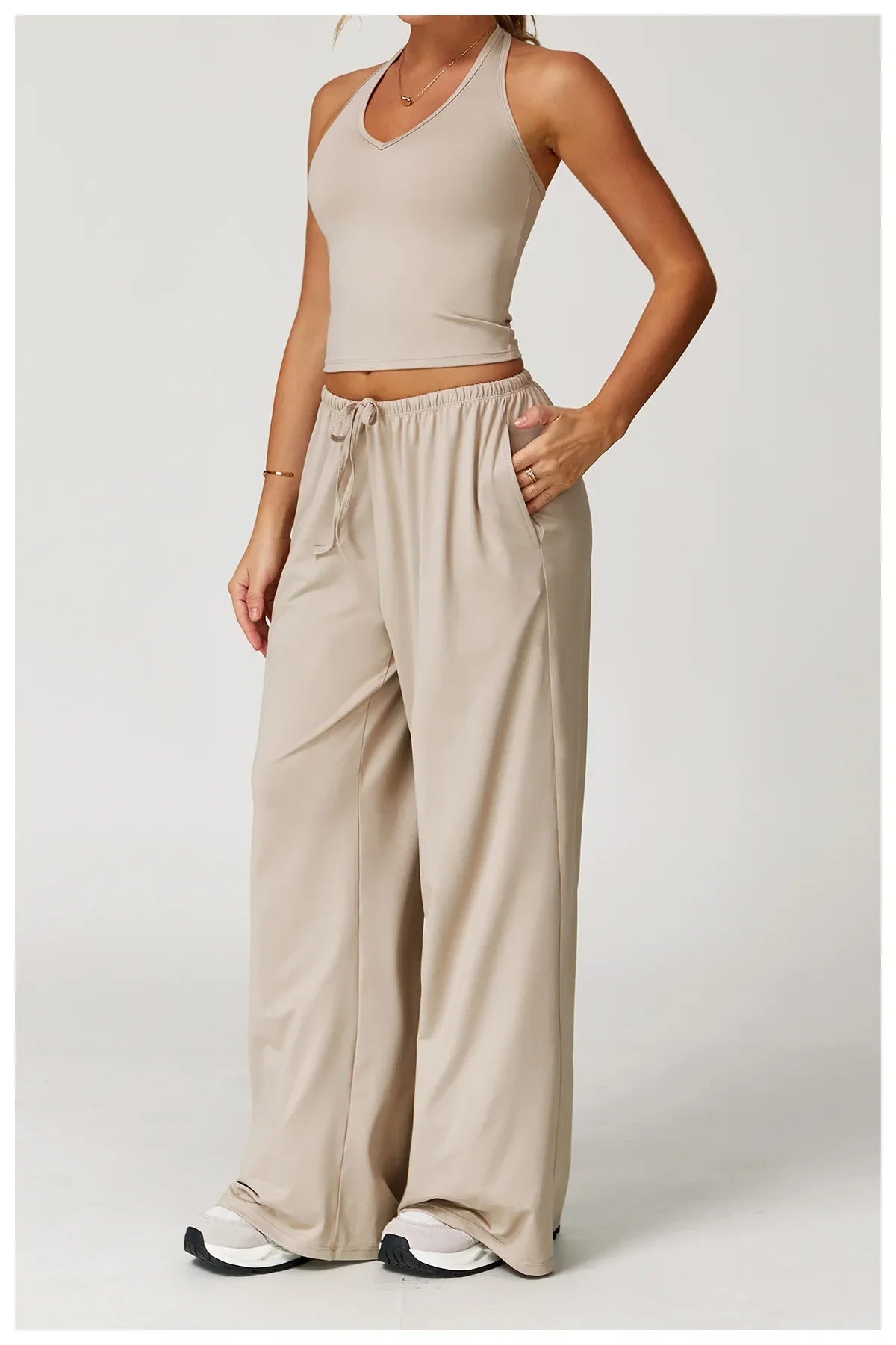 Damen Lounge Set Crop und Hose Baumwolle Beige