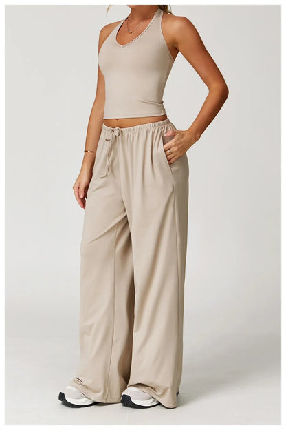 Damen Lounge Set Crop und Hose Baumwolle Beige