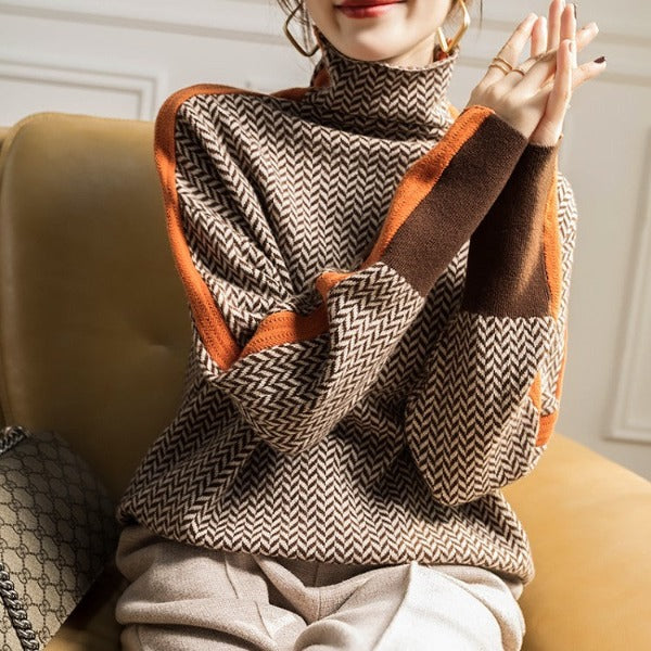 Damen Rollkragenpullover Fischgrät Muster Wollmix