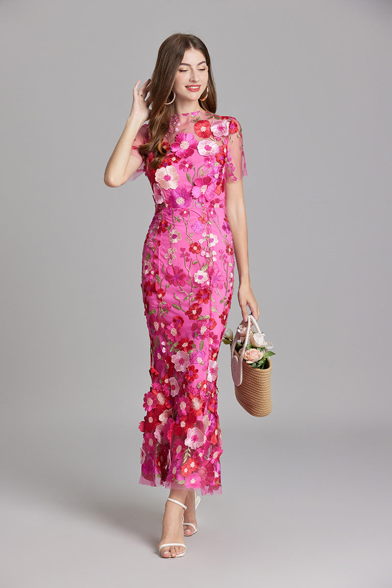 Damen Maxikleid Transparent mit Blumenstickerei