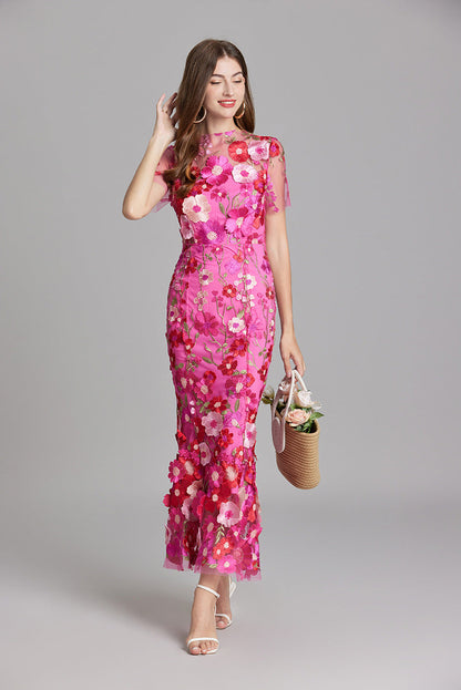 Damen Maxikleid Transparent mit Blumenstickerei