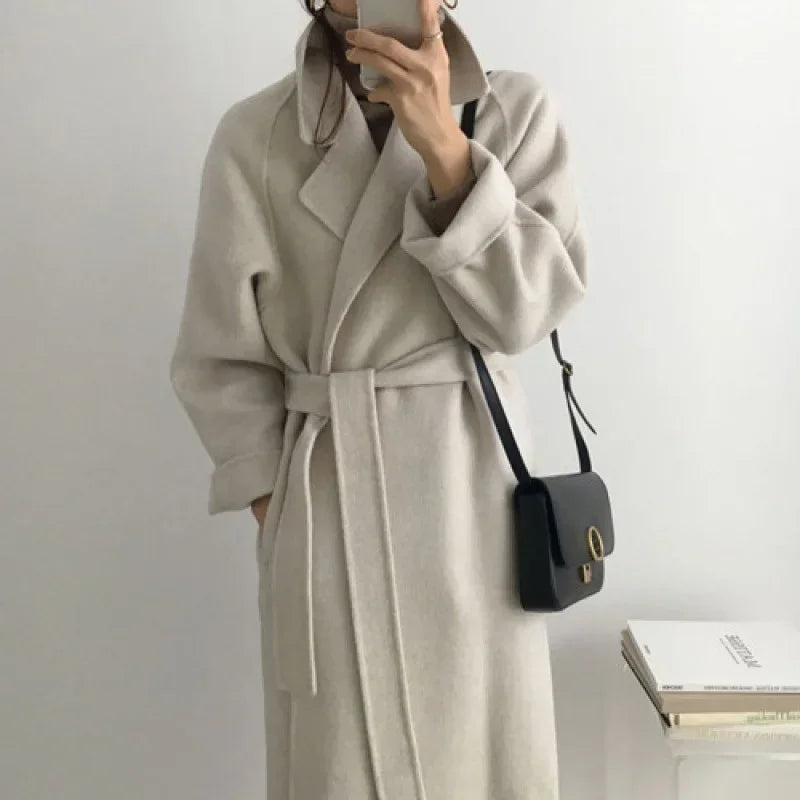 Damen Mantel Lang Warm Gürtel Weite Ärmel