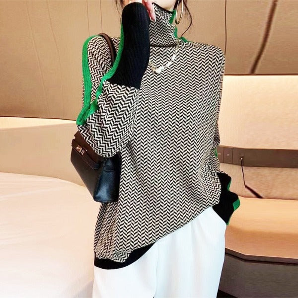 Damen Rollkragenpullover Fischgrät Muster Wollmix
