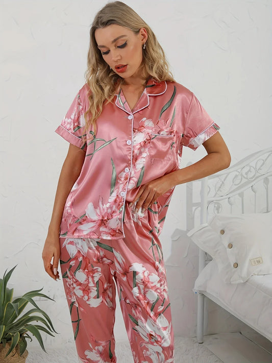 Damen Pyjama Set Zweiteiler Rosa Blumenmuster - Eveloria