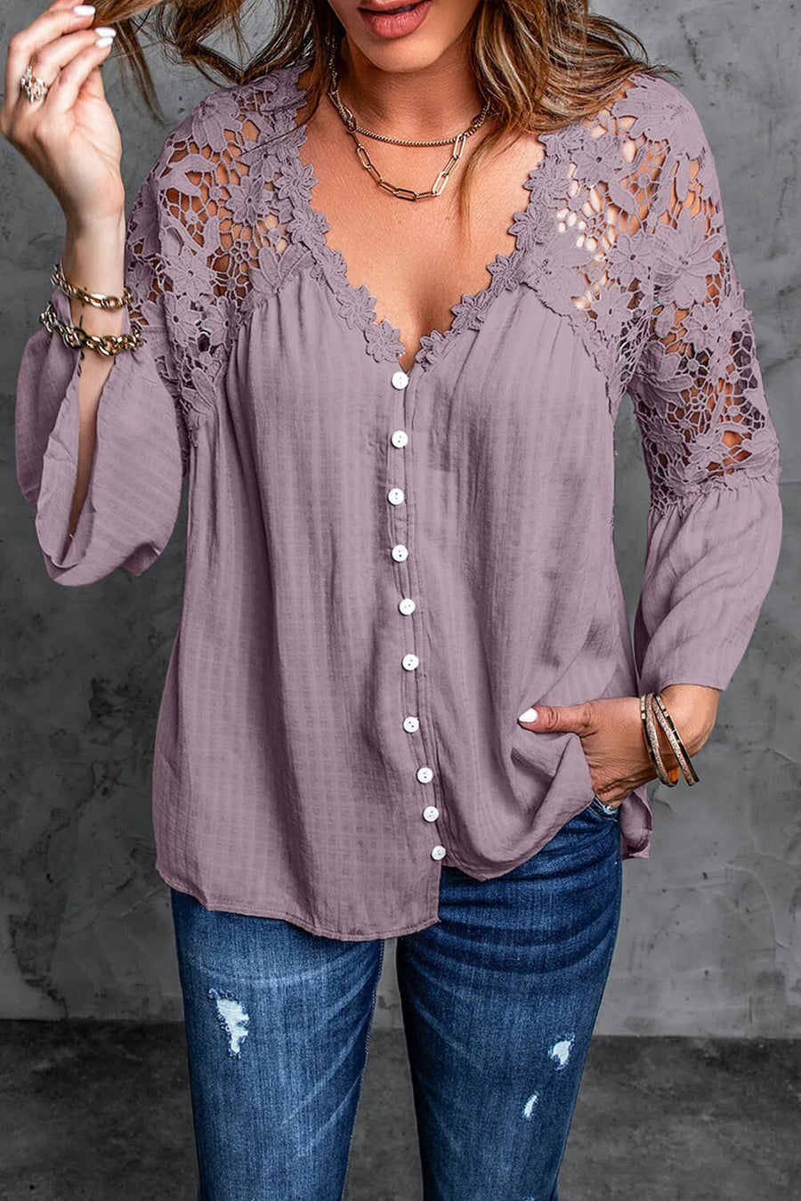 Damen V-Ausschnitt Bluse Spitzenärmel Blumenmuster Elegante Weiß