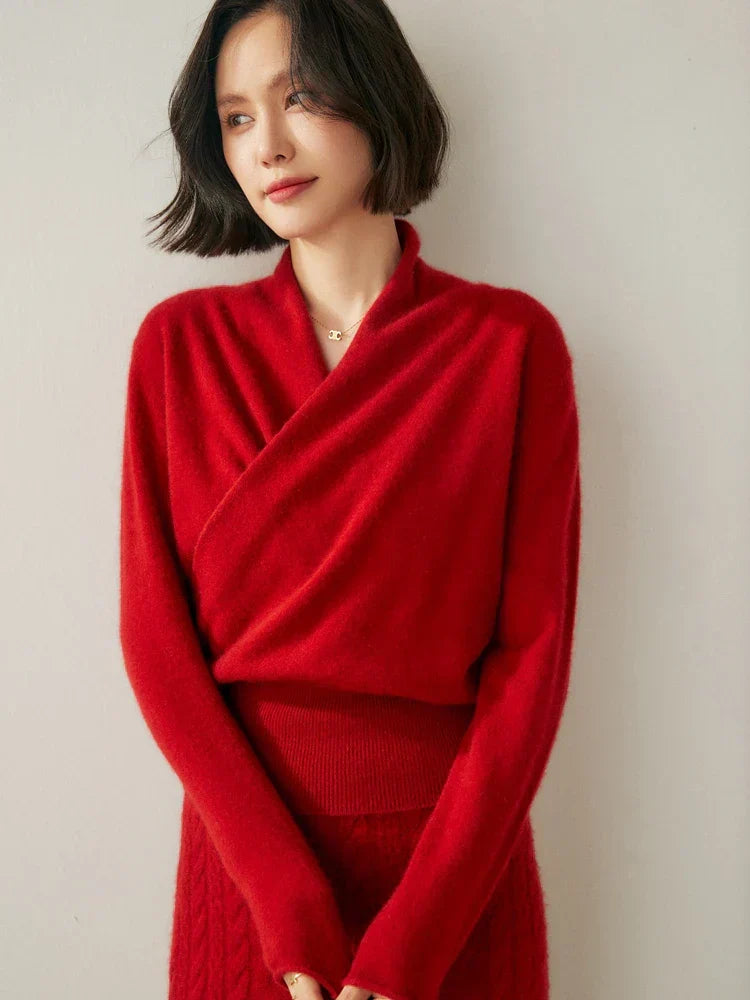 Damen Wickelpullover Elegantes Überkreuz-Design