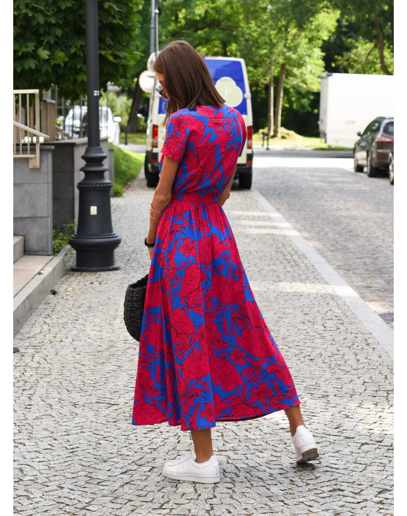 Damen Wickelmaxikleid V-Ausschnitt Kurzarm Bindegürtel Sommerkleid