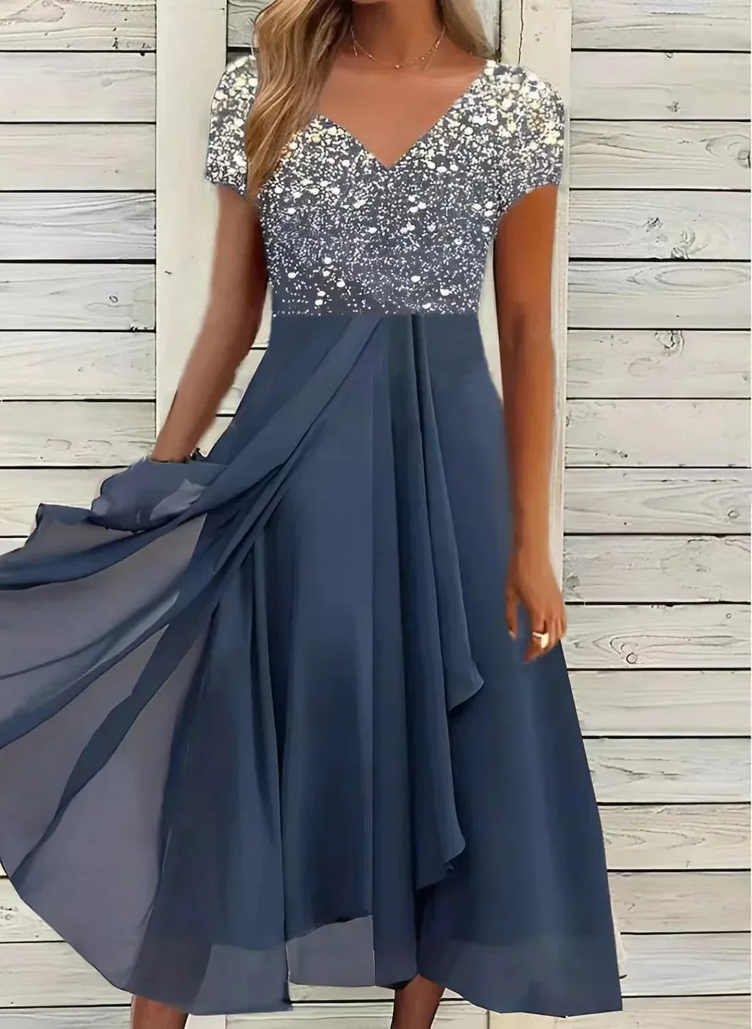 Damen Blumenmidi-Kleid V-Ausschnitt Kurzarm Elegant Sommer