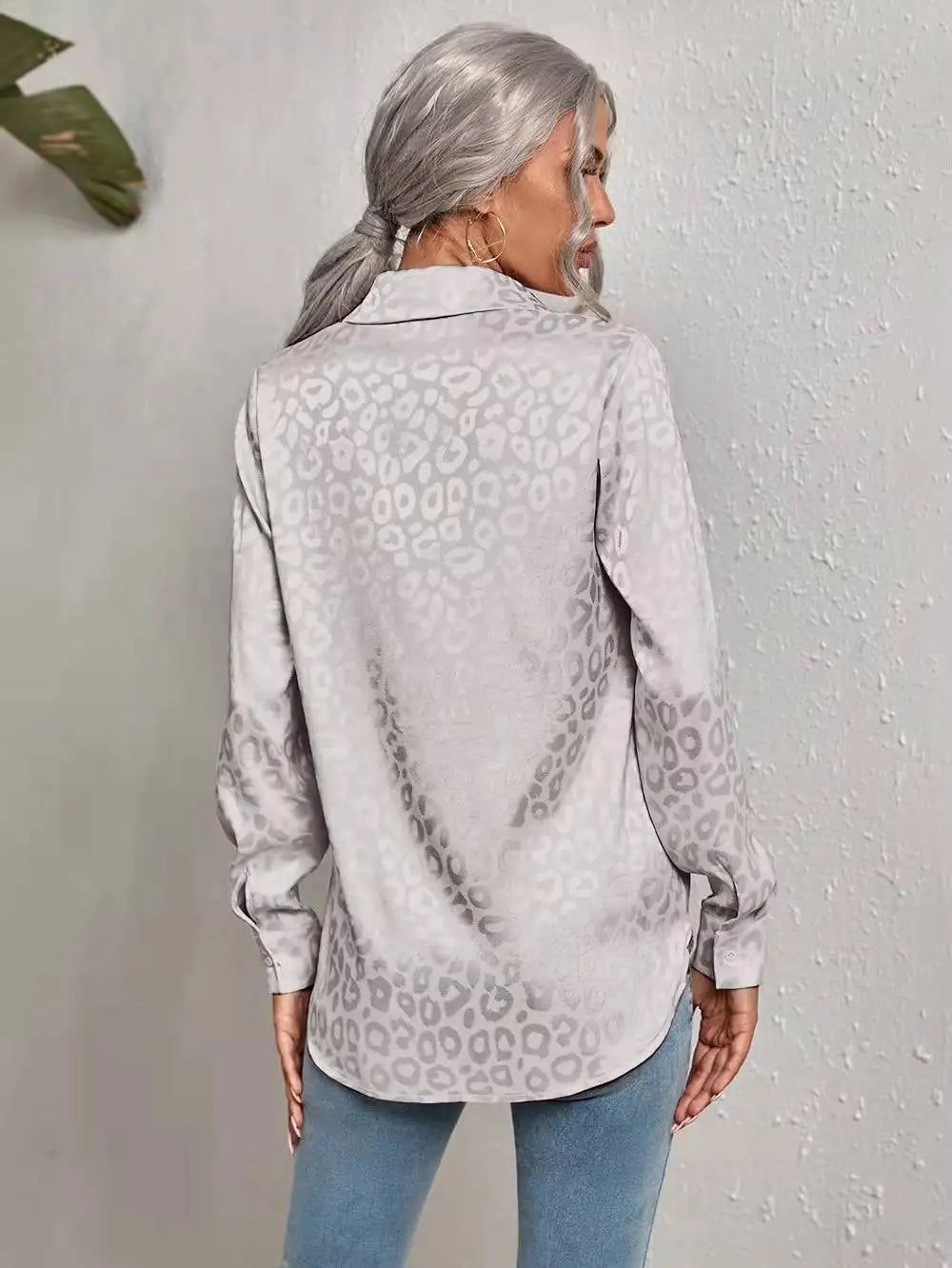 Damen Bluse Glanz-Effekt Knopfleiste Reverskragen Langarm