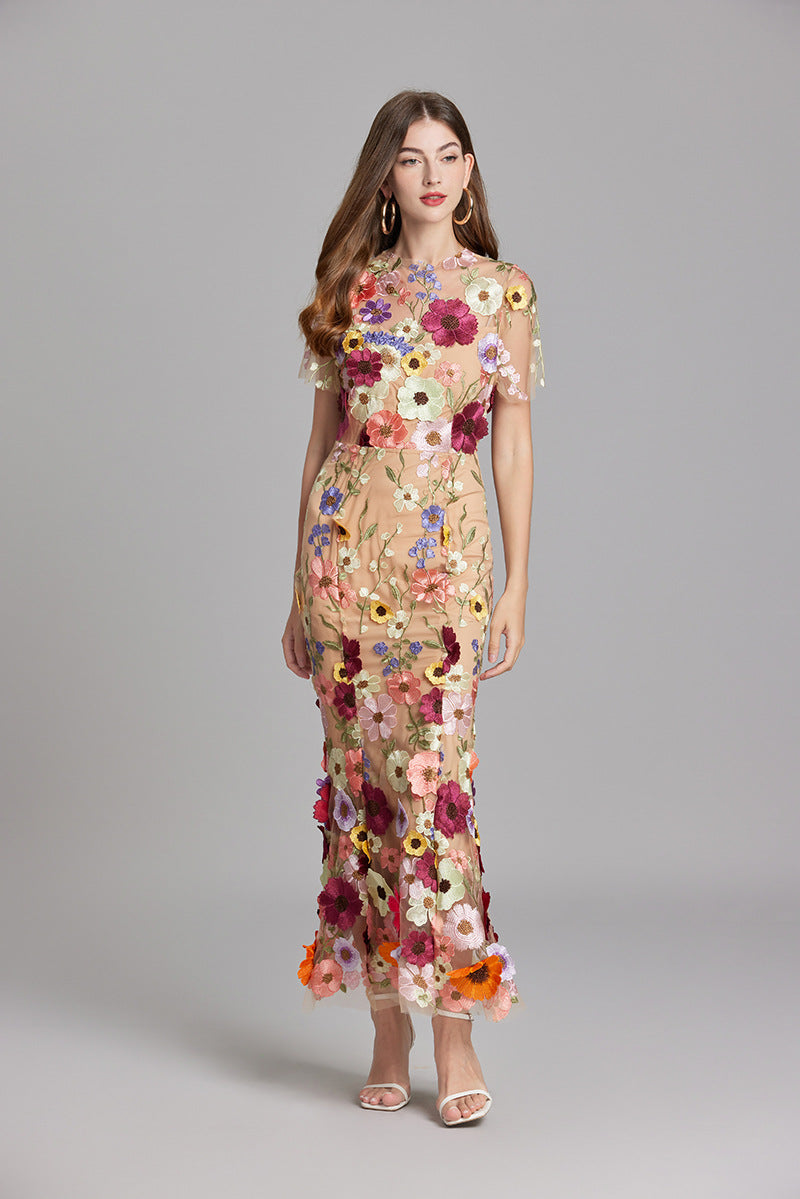 Damen Maxikleid Transparent mit Blumenstickerei