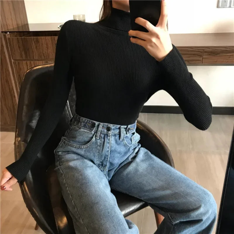 Eveloria Damen Strickpullover Hoher Kragen Gerippt - Eveloria