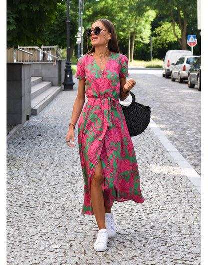Damen Wickelmaxikleid V-Ausschnitt Kurzarm Bindegürtel Sommerkleid - Eveloria