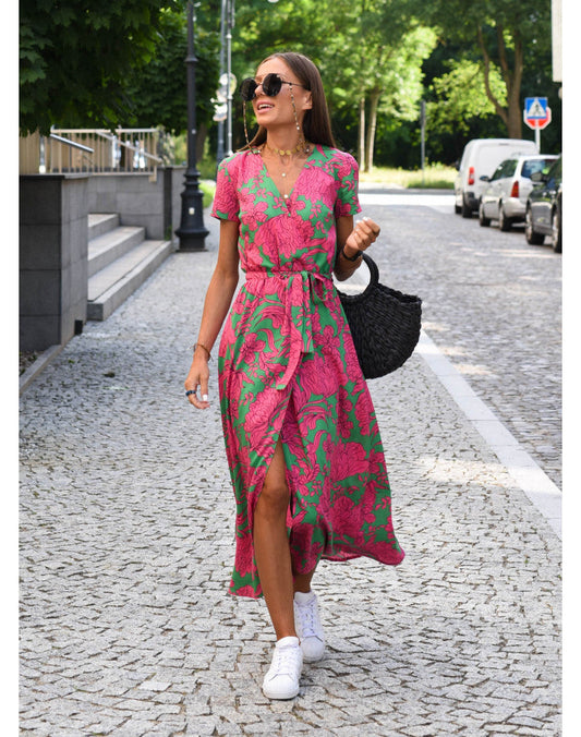 Damen Wickelmaxikleid V-Ausschnitt Kurzarm Bindegürtel Sommerkleid - Eveloria