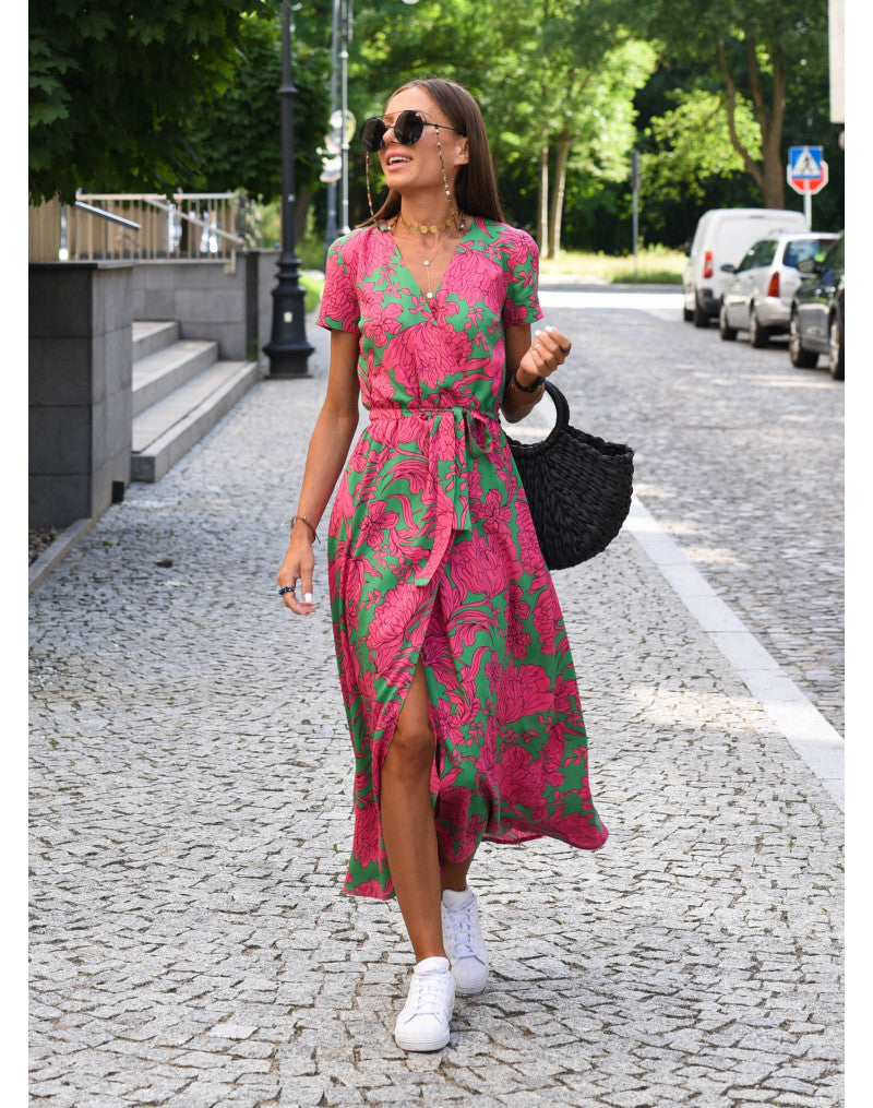 Damen Wickelkleid V-Ausschnitt Kurzarm Midi - Eveloria