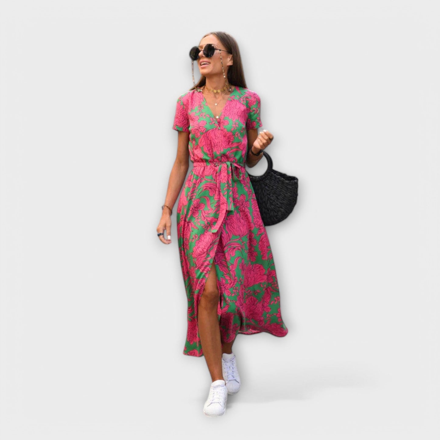 Damen Langkleid V-Ausschnitt Gürtel Lässig