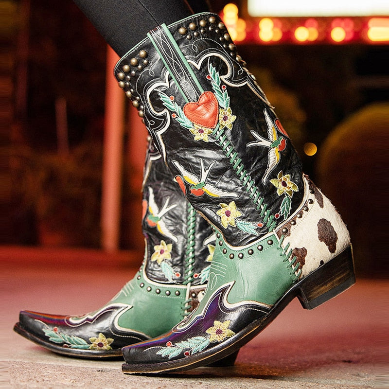 Damen Cowboy-Stiefel Bestickt Bunt Blumen Blockabsatz