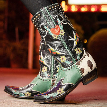 Damen Cowboy-Stiefel Bestickt Bunt Blumen Blockabsatz
