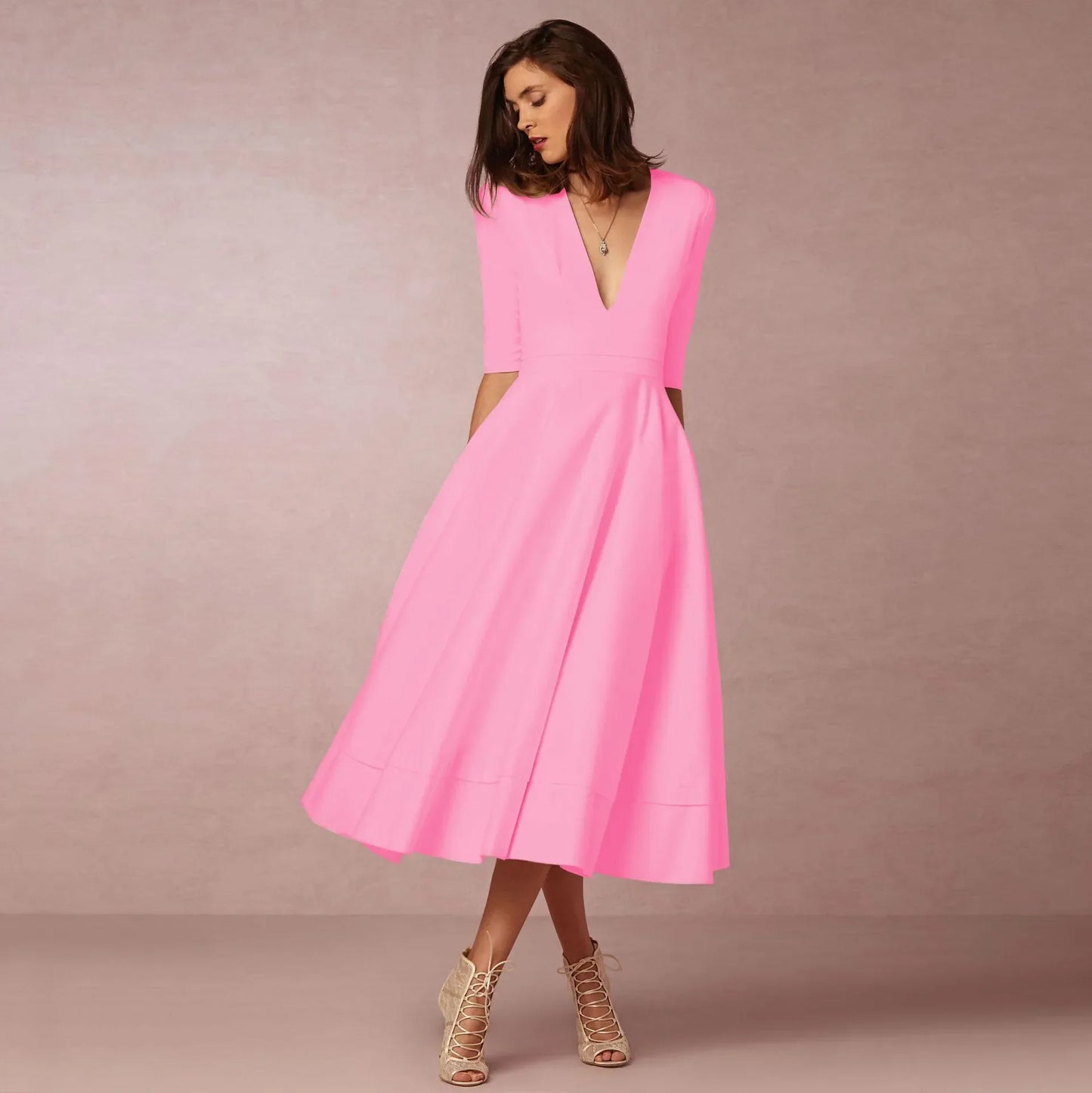 Damen Hochzeitsgastkleid V-Ausschnitt Midi