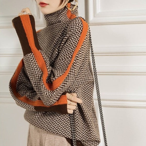 Damen Rollkragenpullover Fischgrät Muster Wollmix