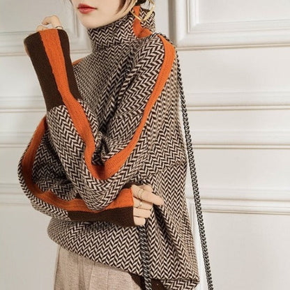 Damen Rollkragenpullover Fischgrät Muster Wollmix