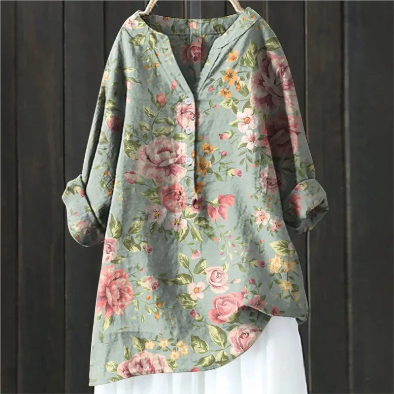 Damen Blumenbluse V-Ausschnitt Knopfleiste Leicht Sommer - Eveloria