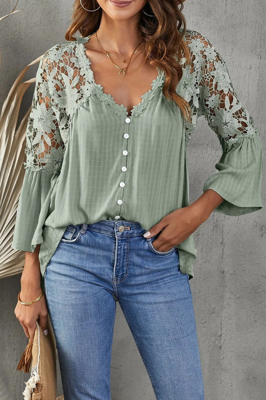 Damen V-Ausschnitt Bluse Spitzenärmel Blumenmuster Elegante Weiß