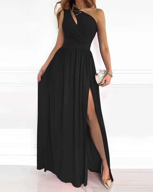 Elegantes Damen Maxikleid Einerschulter Seide Schwarz - Eveloria