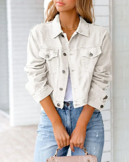 Damen Denim-Jacke Kurz Knopf Ärmel Blau
