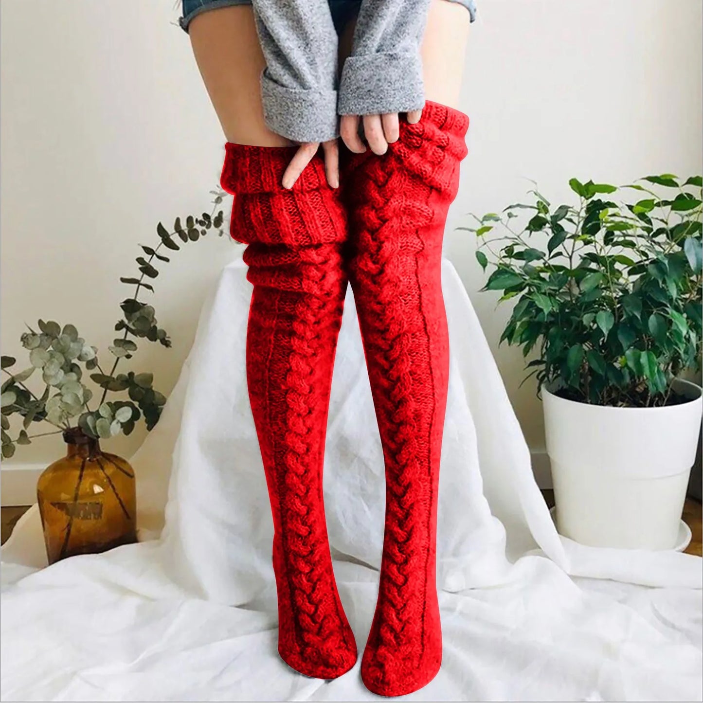 Damen Strick Overknee Socken Warm Weich Zopfmuster
