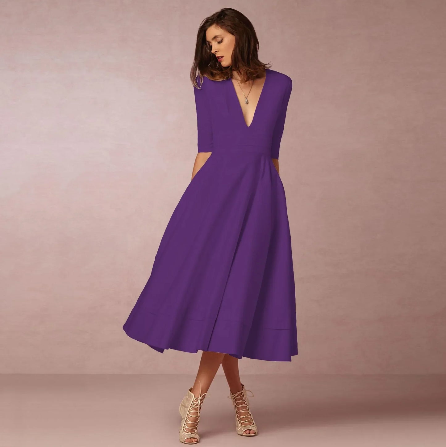 Damen Hochzeitsgastkleid V-Ausschnitt Midi