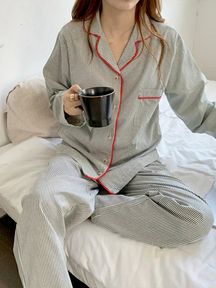 Damen Pyjama Set Zweiteiler Gestreift mit Knopfhemd und Hose