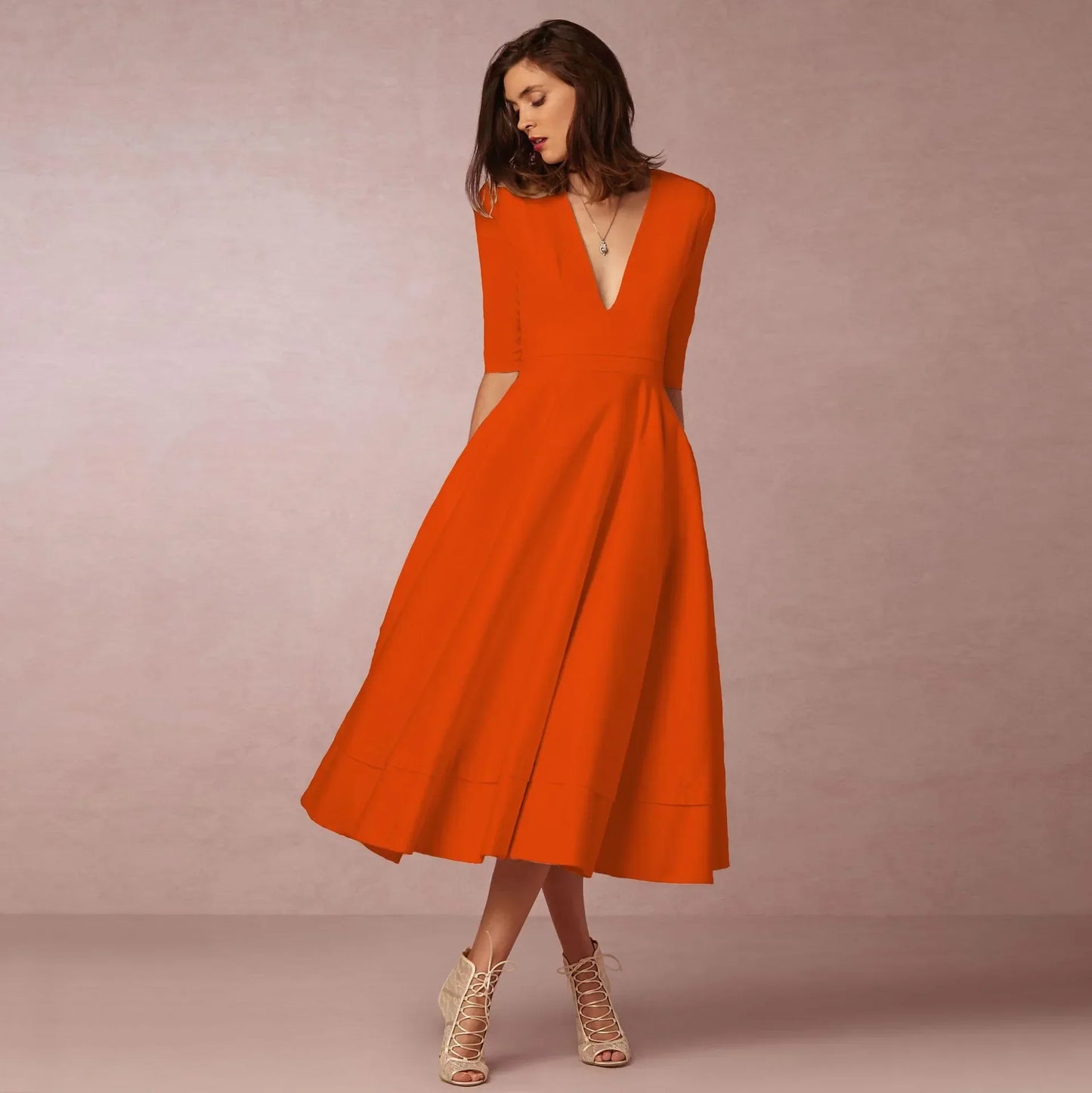 Damen Hochzeitsgastkleid V-Ausschnitt Midi