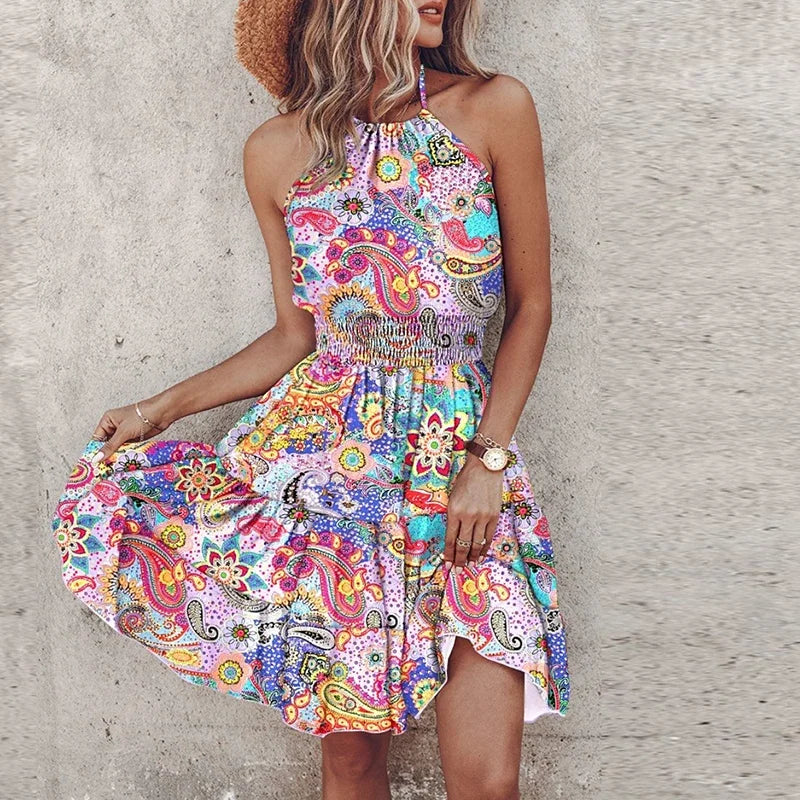 Ibiza Damen Mini Sommerkleid Ärmellos Tailliert Boho-Print